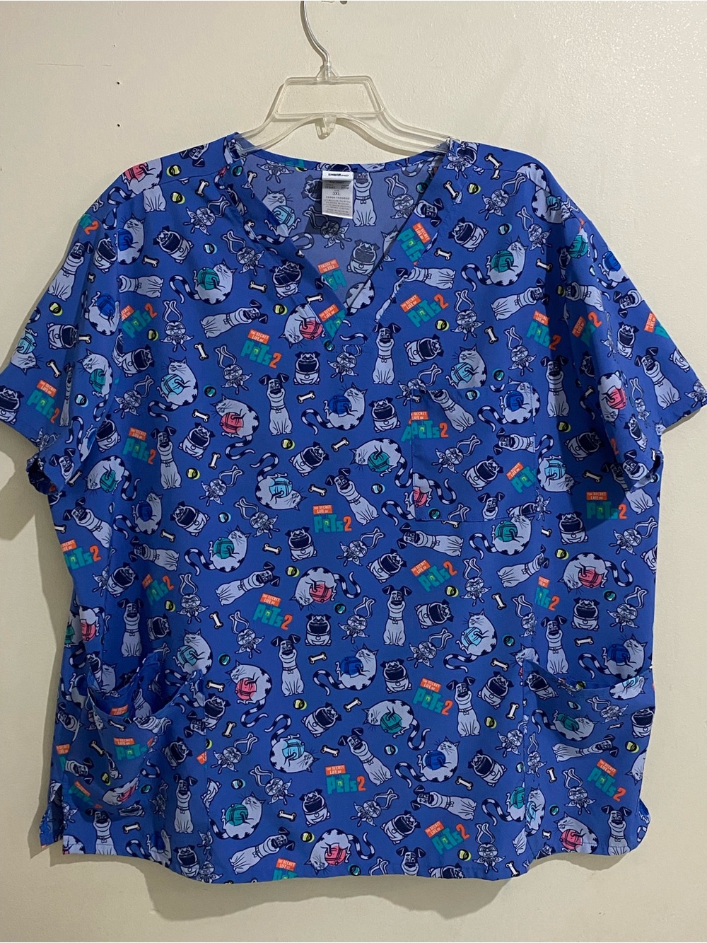 UNISEX Blue Cartoon Pet Print SCRUB TOP ONLY Medical Size 3XL